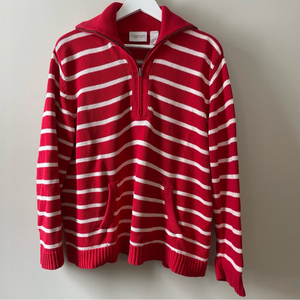 Liz Claiborne Red and White 1/4 Zip Knit Sweater